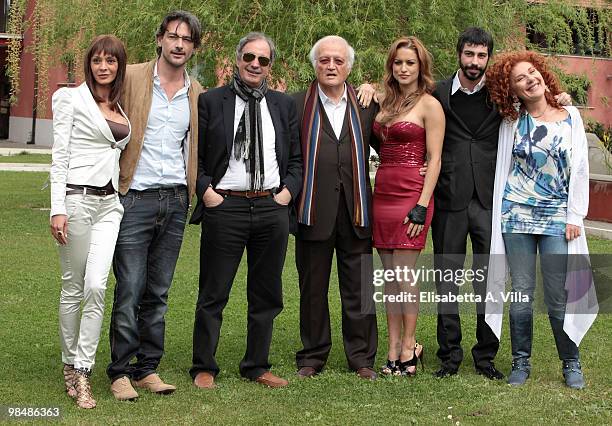 Samantha Capitoni, Roberto Farnesi, producer Guido De Angelis, director Roberto Malenotti, Lola Ponce, a guest and Cinzia Leone attend a photocall...