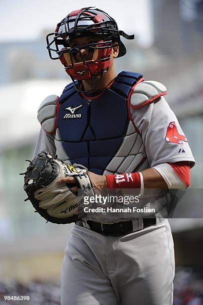 Victor Martinez of the Boston Red Sox in the first inning against the Minnesota Twins during the Twins home opener at Target Field on April 12, 2010...