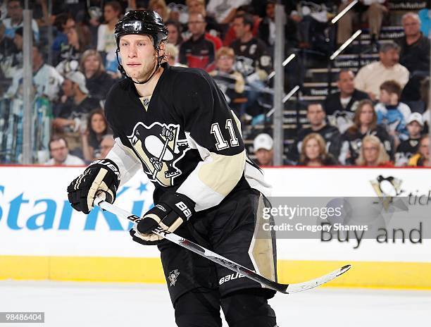 Jordan Staal of the Pittsburgh Penguins skates against the New York Islanders on April 8, 2010 at the Mellon Arena in Pittsburgh, Pennsylvania.