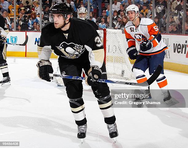 Alex Goligoski of the Pittsburgh Penguins skates against the New York Islanders on April 8, 2010 at the Mellon Arena in Pittsburgh, Pennsylvania.