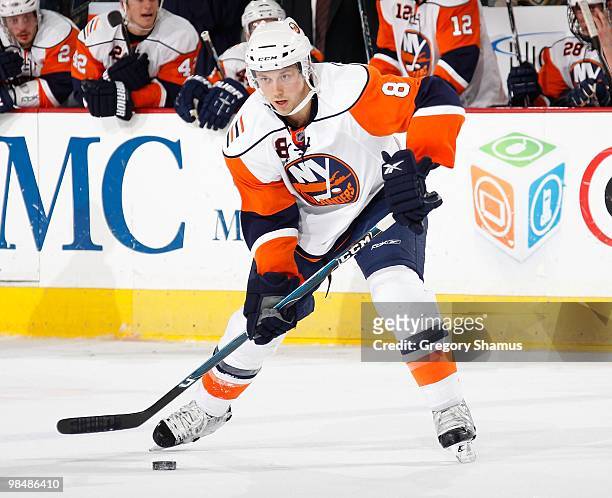 Bruno Gervais of the New York Islanders controls the puck against the Pittsburgh Penguins on April 8, 2010 at the Mellon Arena in Pittsburgh,...
