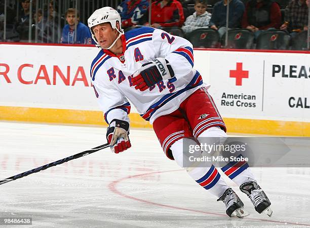 Vinny Prospal of the New York Rangers skates against the New Jersey Devils at the Prudential Center on March 10, 2010 in Newark, New Jersey. Devils...