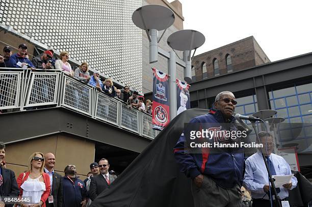 Hall of Famer Rod Carew of the Minnesota Twins speaks at the Kirby Puckett statue unveiling prior to a game between the Boston Red Sox and Minnesota...