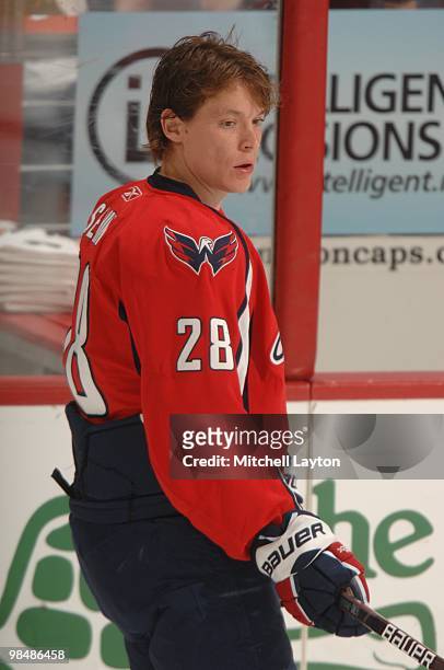 Alexander Semin of the Washington Capitals looks on during warm ups of a NHL hockey game against the Boston Bruins on April 5, 2010 at the Verizon...