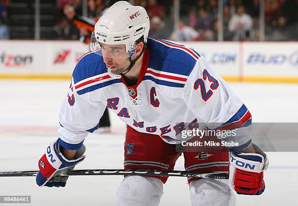 Chris Drury of the New York Rangers looks on against the New Jersey Devils at the Prudential Center on March 10, 2010 in Newark, New Jersey. Devils...