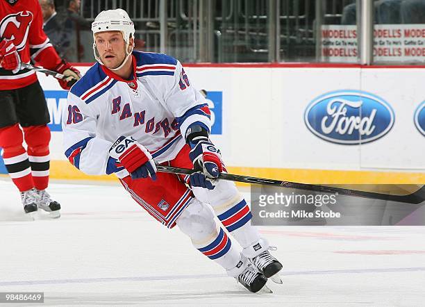 Sean Avery of the New York Rangers skates against the New Jersey Devils at the Prudential Center on March 10, 2010 in Newark, New Jersey. Devils...