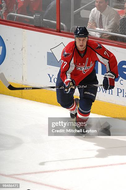 Joe Corvo of the Washington Capitals looks on during a NHL hockey game against the Boston Bruins on April 5, 2010 at the Verizon Center in...