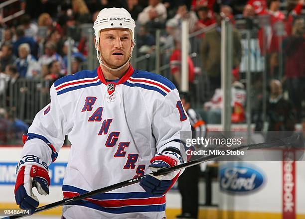 Sean Avery of the New York Rangers looks on against the New Jersey Devils at the Prudential Center on March 10, 2010 in Newark, New Jersey. Devils...