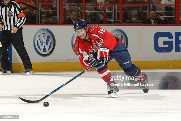 Eric fehr of the Washington Capitals skates with the puck during a NHL hockey game against the Boston Bruins on April 5, 2010 at the Verizon Center...
