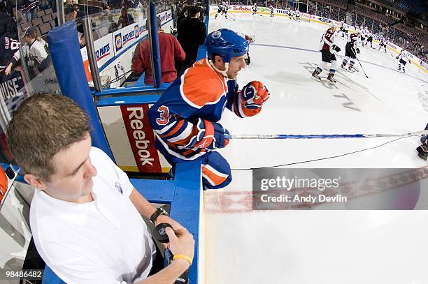 Fernando Pisani of the Edmonton Oilers takes to the ice for a game against the Colorado Avalanche at Rexall Place on April 7, 2010 in Edmonton,...