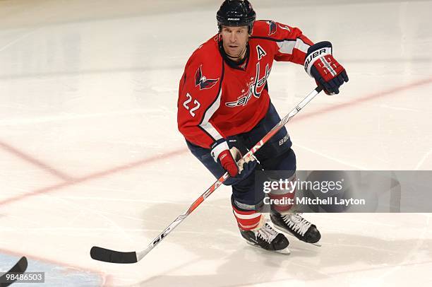 Mike Knuble of the Washington Capitals looks on during a NHL hockey game against the Boston Bruins on April 5, 2010 at the Verizon Center in...