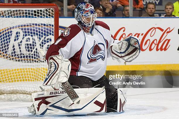 Peter Budaj of the Colorado Avalanche makes a save against the Edmonton Oilers at Rexall Place on April 7, 2010 in Edmonton, Alberta, Canada. The...