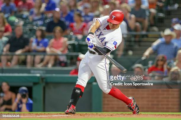 Texas Rangers Outfield Shin-Soo Choo bats during the game between the San Diego Padres and Texas Rangers on June 26, 2018 at Globe Life Park in...
