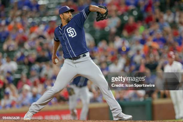 San Diego Padres Pitcher Tyson Ross throws during the game between the San Diego Padres and Texas Rangers on June 26, 2018 at Globe Life Park in...