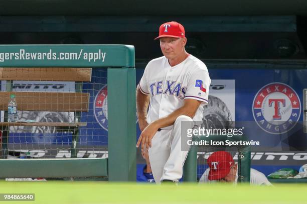 Texas Rangers Manager Jeff Banister looks on from the dugout during the game between the San Diego Padres and Texas Rangers on June 26, 2018 at Globe...