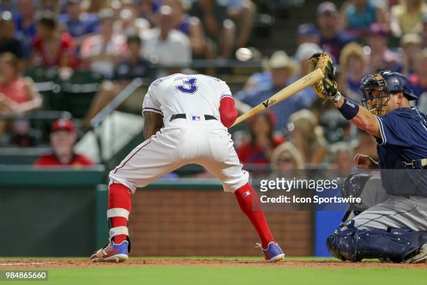 Texas Rangers Center field Delino DeShields has a pitch thrown over his head during the game between the San Diego Padres and Texas Rangers on June...