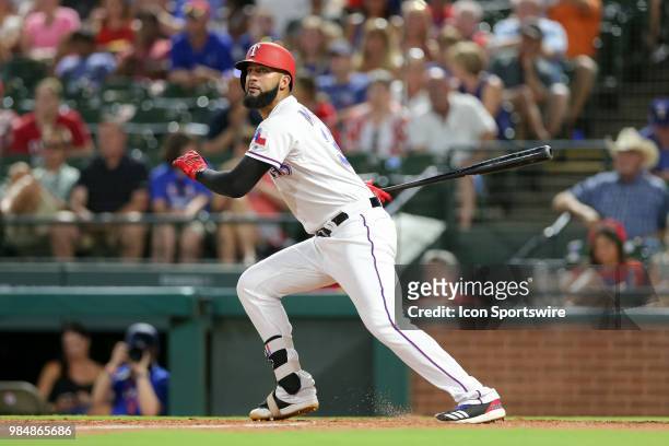 Texas Rangers Right field Nomar Mazara gets his third hit of the night during the game between the San Diego Padres and Texas Rangers on June 26,...