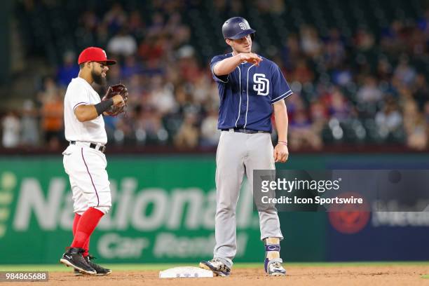 San Diego Padres Outfield Wil Myers doubles in a run during the 8th inning of the game between the San Diego Padres and Texas Rangers on June 26,...