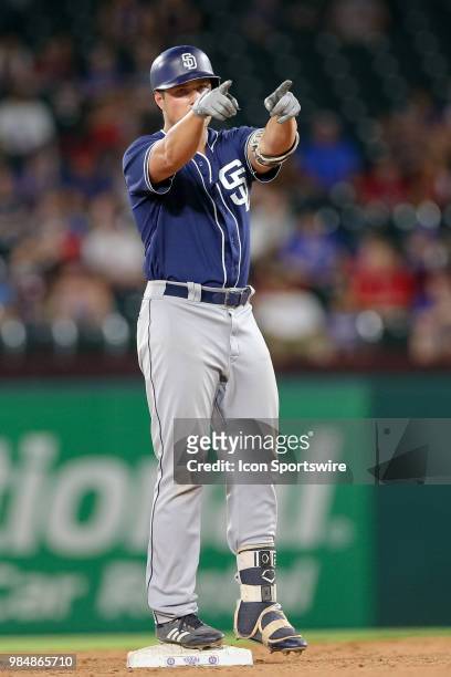 San Diego Padres Outfield Hunter Renfroe drives in the go ahead RBI with a double during the 8th inning of the game between the San Diego Padres and...