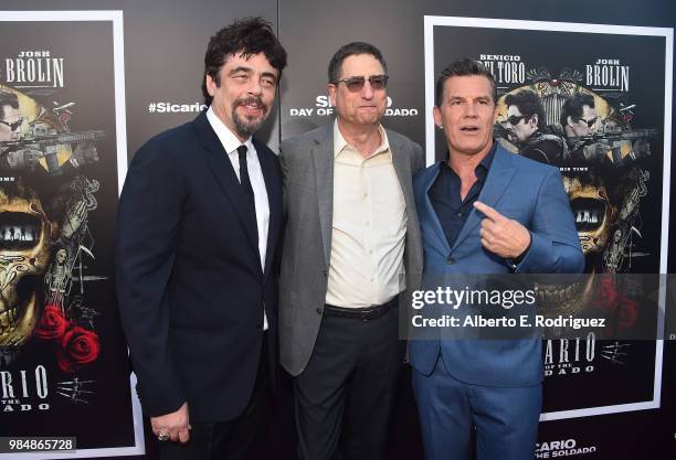 Actor Benicio del Toro, Chairman of Sony Pictures Entertainment, Tom Rothman and actor Josh Brolin attend the premiere of Columbia Pictures'...