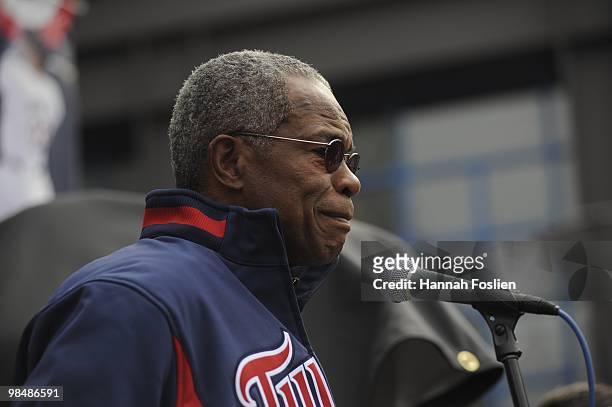 Hall of Famer Rod Carew of the Minnesota Twins speaks at the Kirby Puckett statue unveiling prior to a game between the Boston Red Sox and Minnesota...