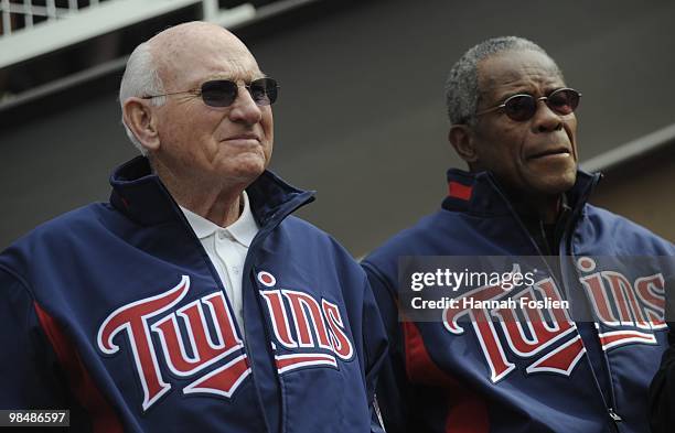 Hall of Famer Rod Carew and Harmon Killebrew of the Minnesota Twins at the Kirby Puckett statue unveiling prior to a game between the Boston Red Sox...