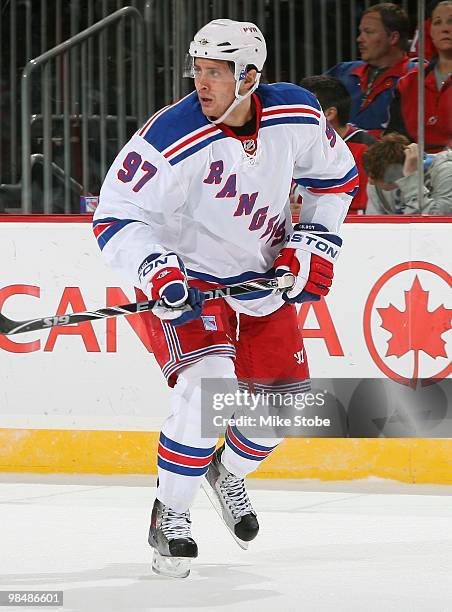 Matt Gilroy of the New York Rangers skates against the New Jersey Devils at the Prudential Center on March 10, 2010 in Newark, New Jersey. Devils...