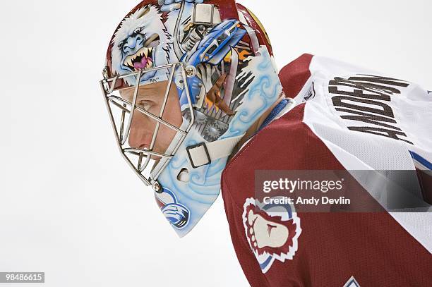 Craig Anderson of the Colorado Avalanche watches warm up before a game against the Edmonton Oilers at Rexall Place on April 7, 2010 in Edmonton,...