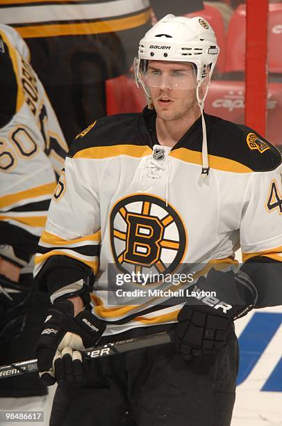 David Krejci of the Boston Bruins looks on during warms up of a NHL hockey game against the Washington Capitals on April 5, 2010 at the Verizon...