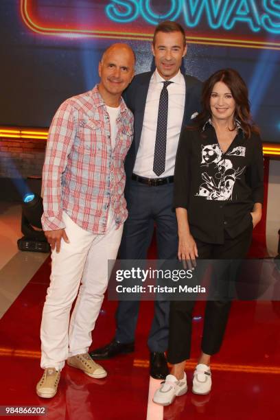 Christoph Maria Herbst, Kai Pflaume and Iris Berben during the phot call to the TV show 'Wer weiss denn sowas XXL' on June 26, 2018 in Hamburg,...