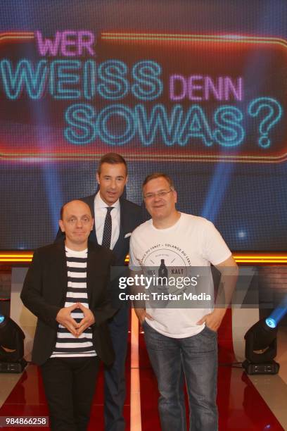 Bernhard Hoecker, Kai Pflaume and Elton during the phot call to the TV show 'Wer weiss denn sowas XXL' on June 26, 2018 in Hamburg, Germany.