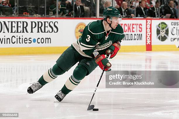 Marek Zidlicky of the Minnesota Wild skates with the puck against the San Jose Sharks during the game at the Xcel Energy Center on April 2, 2010 in...