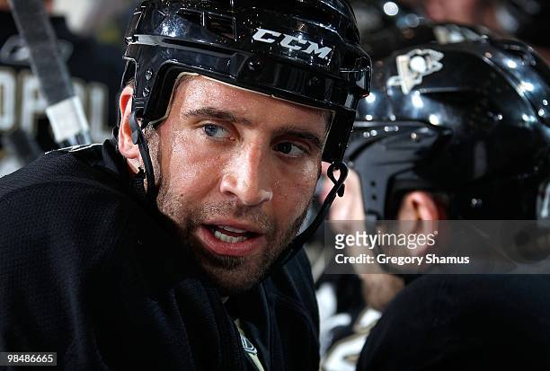 Maxime Talbot of the Pittsburgh Penguins looks on during game action against the New York Islanders on April 8, 2010 at the Mellon Arena in...