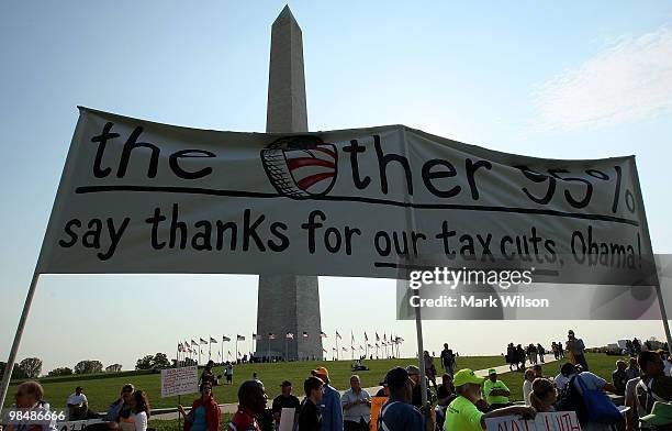 Obama supporters protest on the grounds of the Washington Monument on April 15, 2010 in Washington, DC. A group calling itself The Other 95% held a...