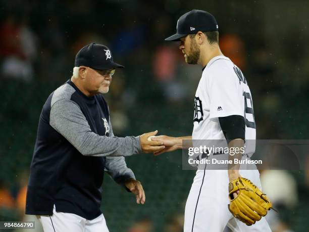 Manager Ron Gardenhire of the Detroit Tigers pulls Louis Coleman of the Detroit Tigers during the seventh inning at Comerica Park on June 26, 2018 in...