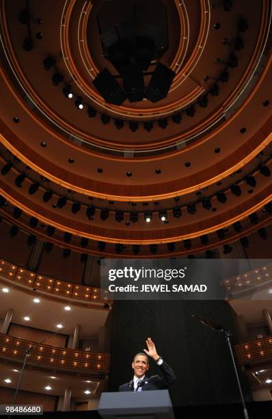 President Barack Obama speaks at a DNC fundraiser at the Arsht Center for the Performing Arts in Miami, Florida, on April 15, 2010. AFP PHOTO/Jewel...