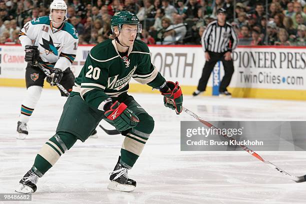 Antti Miettinen of the Minnesota Wild skates against the San Jose Sharks during the game at the Xcel Energy Center on April 2, 2010 in St. Paul,...