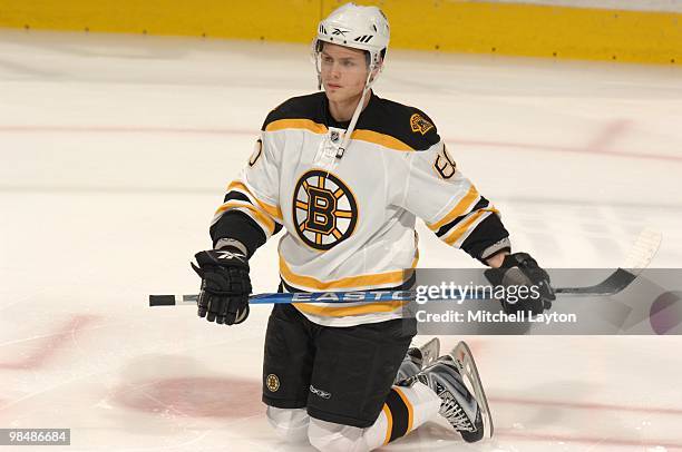 Vladmir Sobotka of the Boston Bruins looks on during warms up of a NHL hockey game against the Washington Capitals on April 5, 2010 at the Verizon...