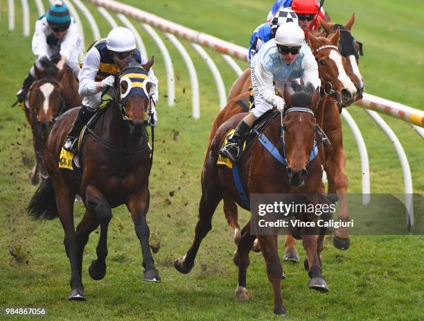 Kate Walters riding Brigadier wins Race 4 during Melbourne racing at Moonee Valley Racecourse on June 27, 2018 in Melbourne, Australia.