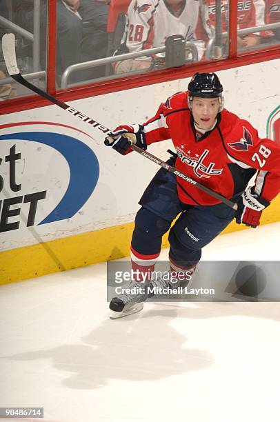 Alexander Semin of the Washington Capitals looks on during a NHL hockey game against the Boston Bruins on April 5, 2010 at the Verizon Center in...