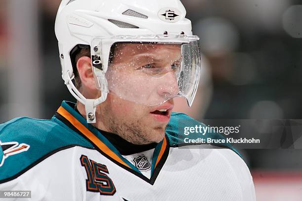 Dany Heatley of the San Jose Sharks waits for play to resume during a break in the action against the Minnesota Wild during the game at the Xcel...