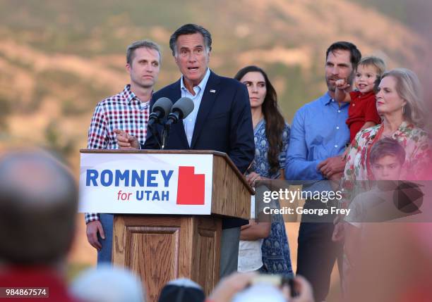 Mitt Romney and his family talks to supporters and declares victory on June 26, 2018 in Orem, Utah. Romney was declared the winner over his...