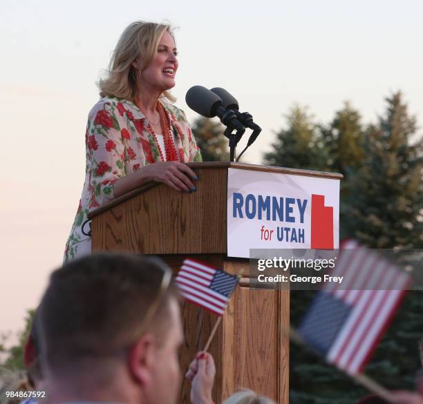 Ann Romney introduces her husband Mitt Romney at his victory rally on June 26, 2018 in Orem, Utah. Romney was declared the winner over his challenger...