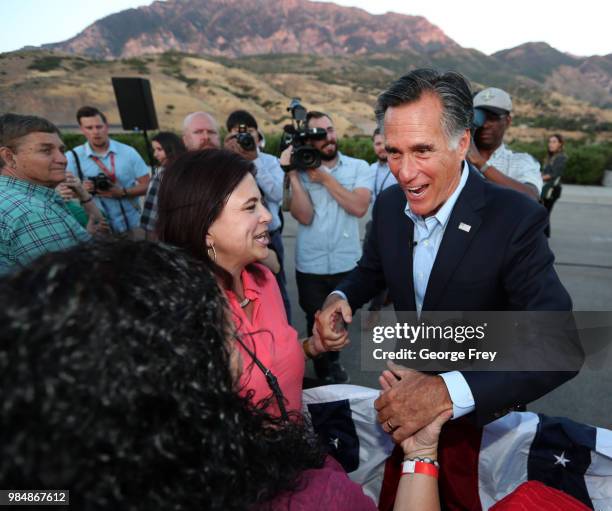 Mitt Romney greets supporters after his victory rally on June 26, 2018 in Orem, Utah. Romney was declared the winner over his challenger Mike Kennedy...