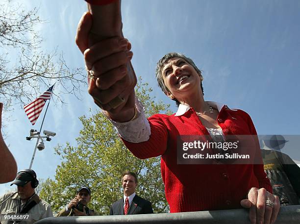 Republican candidate for the U.S. Senate and former HP CEO Carly Fiorina greets supporters during the 2010 Tax Day Tea Party April 15, 2010 in...