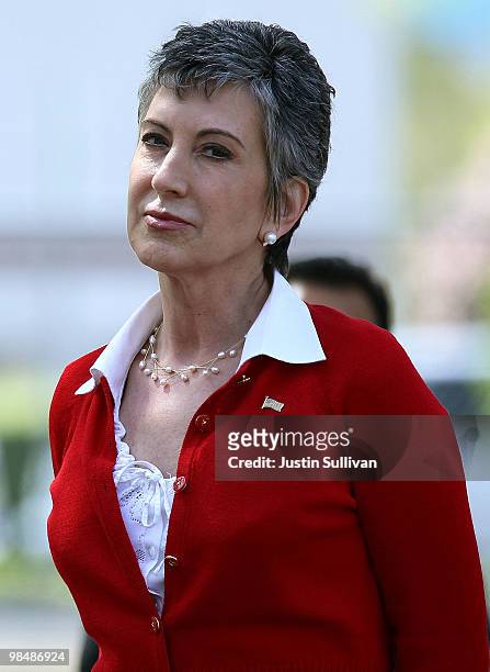 Republican candidate for U.S. Senate and former HP CEO Carly Fiorina looks on before speaking at the 2010 Tax Day Tea Party April 15, 2010 in...
