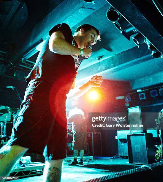 Mark Greenway of Napalm Death performs on stage at the Corporation on April 15, 2010 in Sheffield, England.