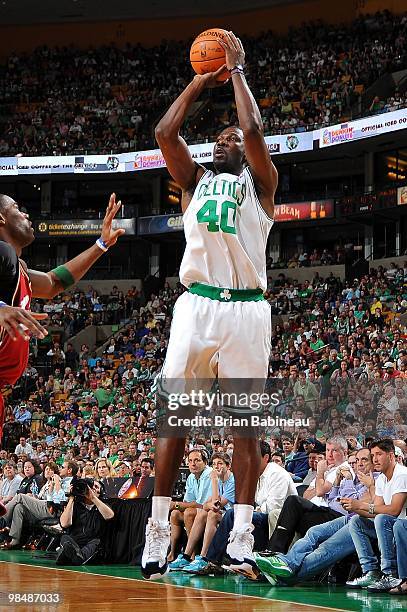 Michael Finley of the Boston Celtics shoots against the Cleveland Cavaliers during the game on April 4, 2010 at TD Banknorth Garden in Boston,...