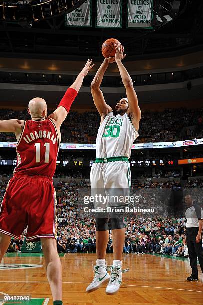 Rasheed Wallace of the Boston Celtics shoots against Zydrunas Ilgauskas of the Cleveland Cavaliers during the game on April 4, 2010 at TD Banknorth...