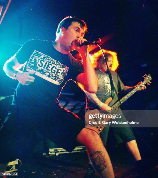 Mark Greenway and Shane Embury of Napalm Death performs on stage at the Corporation on April 15, 2010 in Sheffield, England.